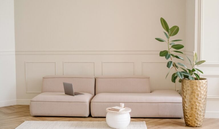 Minimalist living room with a low-profile beige sectional sofa, a silver laptop resting on one seat, a round white coffee table with a book and candle, and a tall rubber plant in a textured gold planter. The space features light wood flooring, a cream rug, and classic white wall paneling.