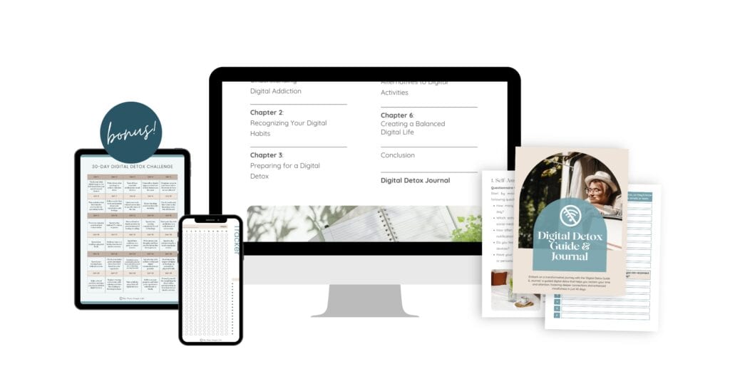 A sales graphic showing a computer screen, tablet and phone all showing pages from The Plain Simple Life's Digital Detox Guide