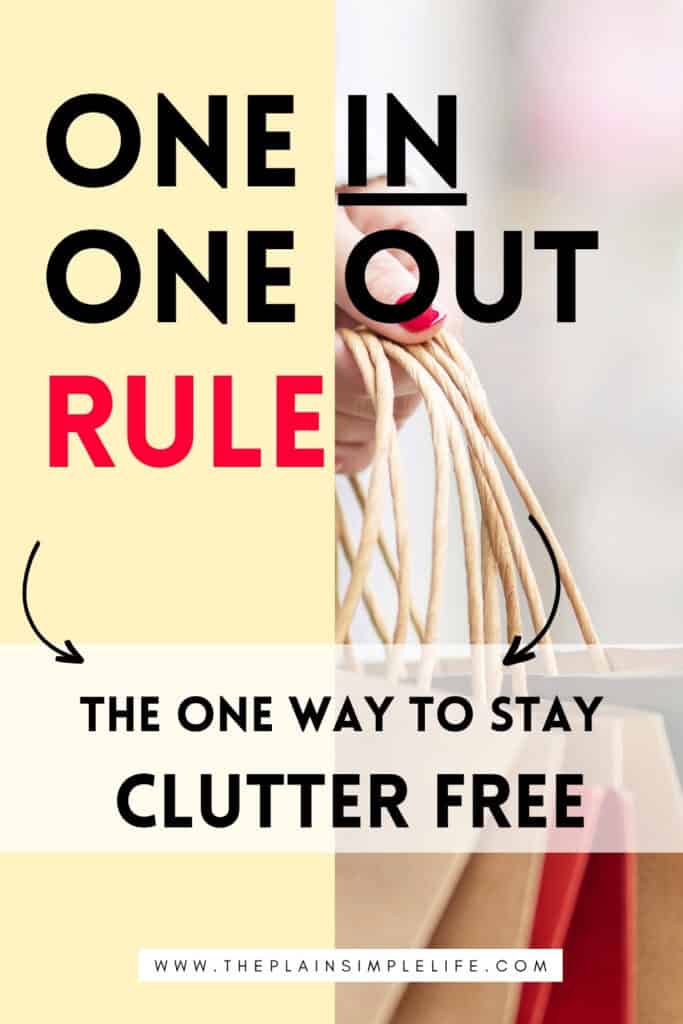 Pinterest pin promoting the “One In, One Out Rule” for decluttering, featuring bold black and red text over a background split between beige and a photo of a hand holding shopping bags. The image states, “One In One Out Rule – The one way to stay clutter free,” with the website URL theplainsimplelife.com at the bottom.